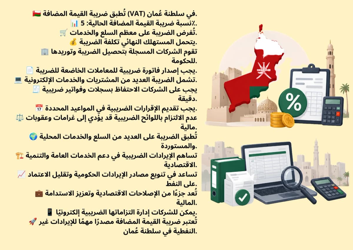 حاسبة ضريبة القيمة المضافة في سلطنة عُمان 5٪ - شرح حساب الضريبة على المبيعات والمشتريات