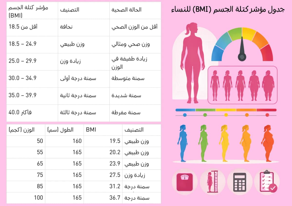 جدول مؤشر كتلة الجسم BMI للنساء جدول مؤشر كتلة الجسم BMI للنساء - النحافة والوزن الطبيعي وزيادة الوزن والسمنة