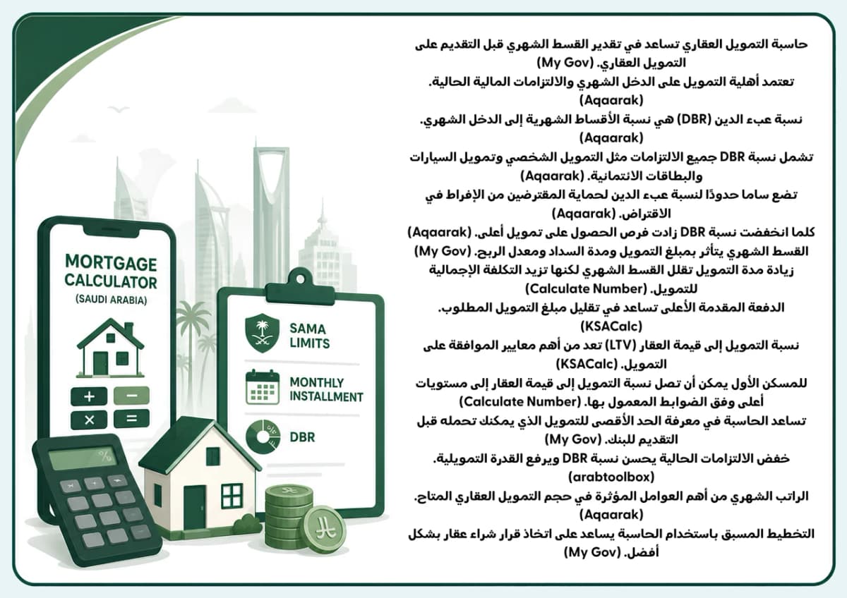 حاسبة التمويل العقاري السعودية حاسبة التمويل العقاري السعودية - حساب القسط الشهري ونسبة عبء الدين وفق نظام ساما